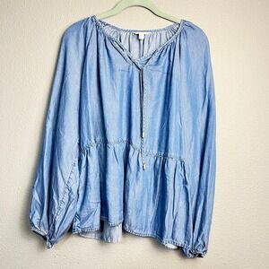 Time and Tru Chambray Tunic Top Long Sleeve Tie Neck Tiered Ruffle XL 16 18